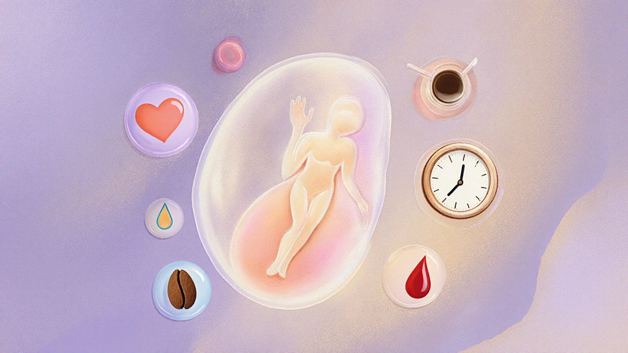 Symbolický obraz vajíčka přichycujícího se k děložní stěně s příznaky těhotenství.