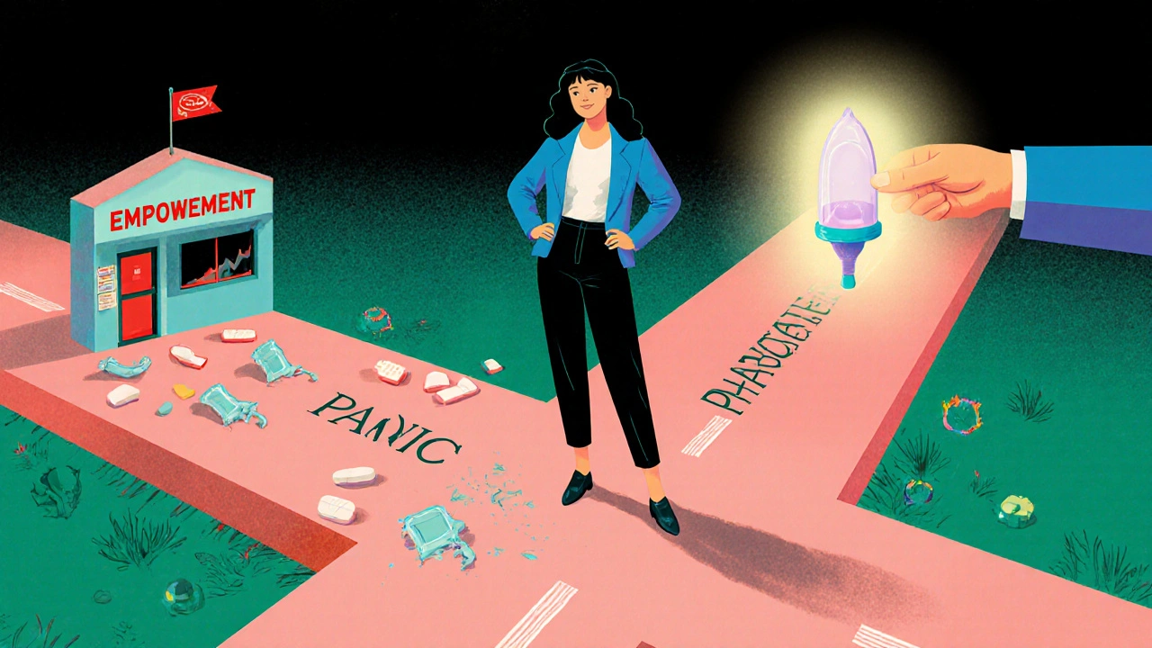 Symbolický obraz ženy na rozcestí mezi panikou a sebeurčením.