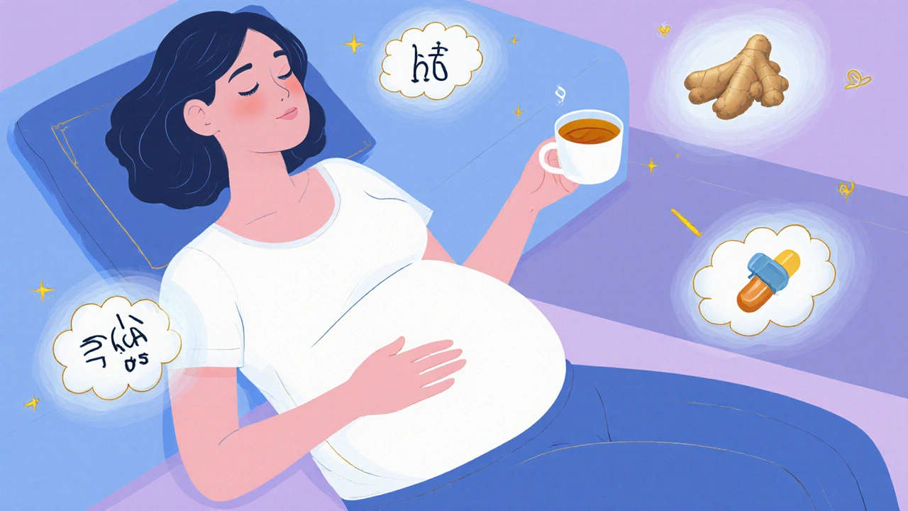 Těhotná žena na kanapce pije zázvorový čaj, kolem ní plavou symboly hormonů a přírodních úlev.