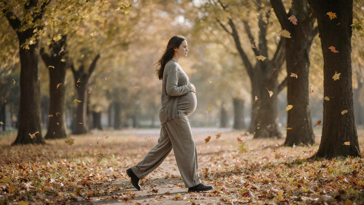 Těhotná žena pomalu chodí v parku s charakteristickým krokem.