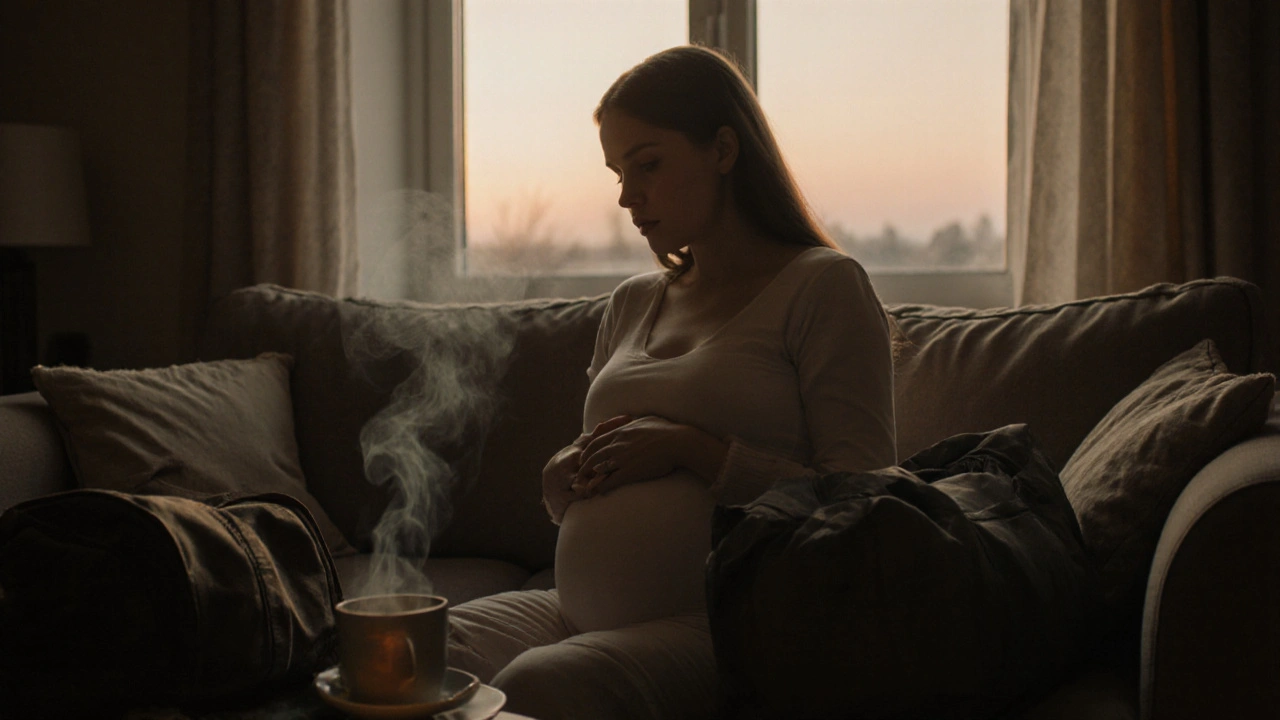 Těhotná žena sedí na pohovce s připraveným batohem pro porod, klidně cítí změny v těle.