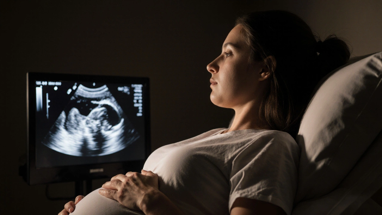 Těhotná žena sleduje ultrazvukový obraz s klidným výrazem tváře.