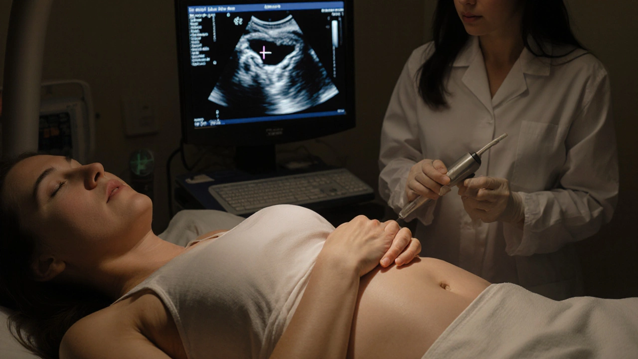 Transvaginální ultrazvuk v 7. týdnu těhotenství s viditelným tepem plodu.