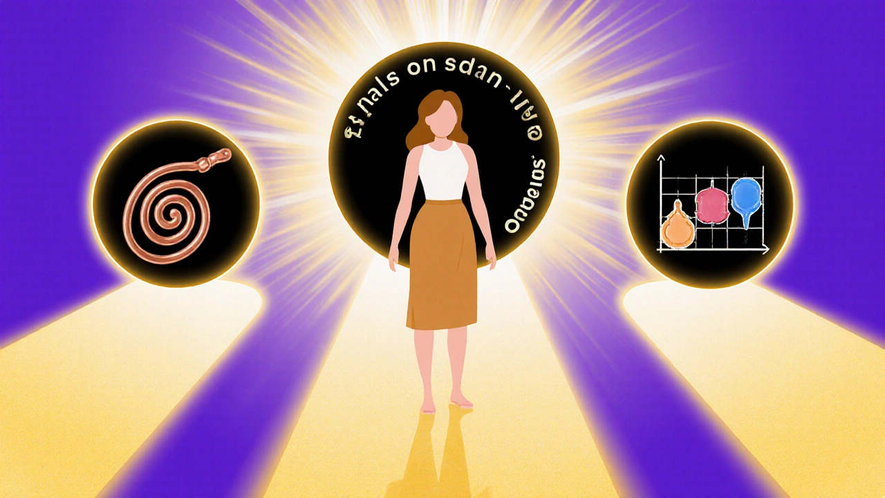 Tři cesty před ženou symbolizují nehormonální metody antikoncepce.