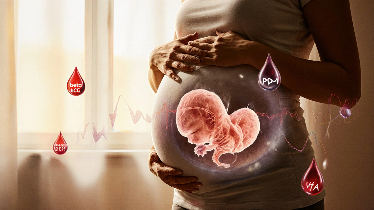 Umožněný obraz těhotné ženy s přehledem známek Downova syndromu na plodu.