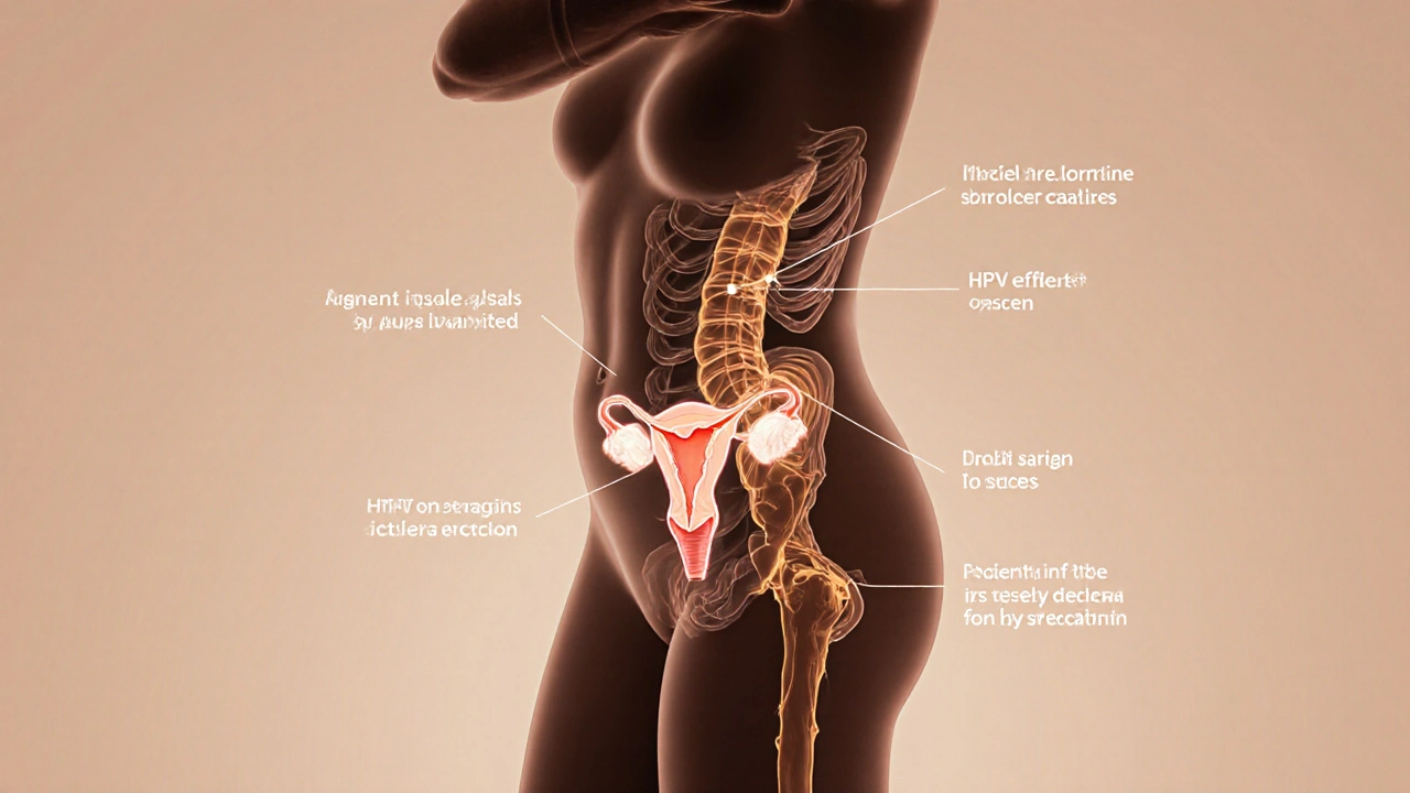 Vnitřní anatomie ženy s viditelnými příznaky hormonálních a infekčních změn.