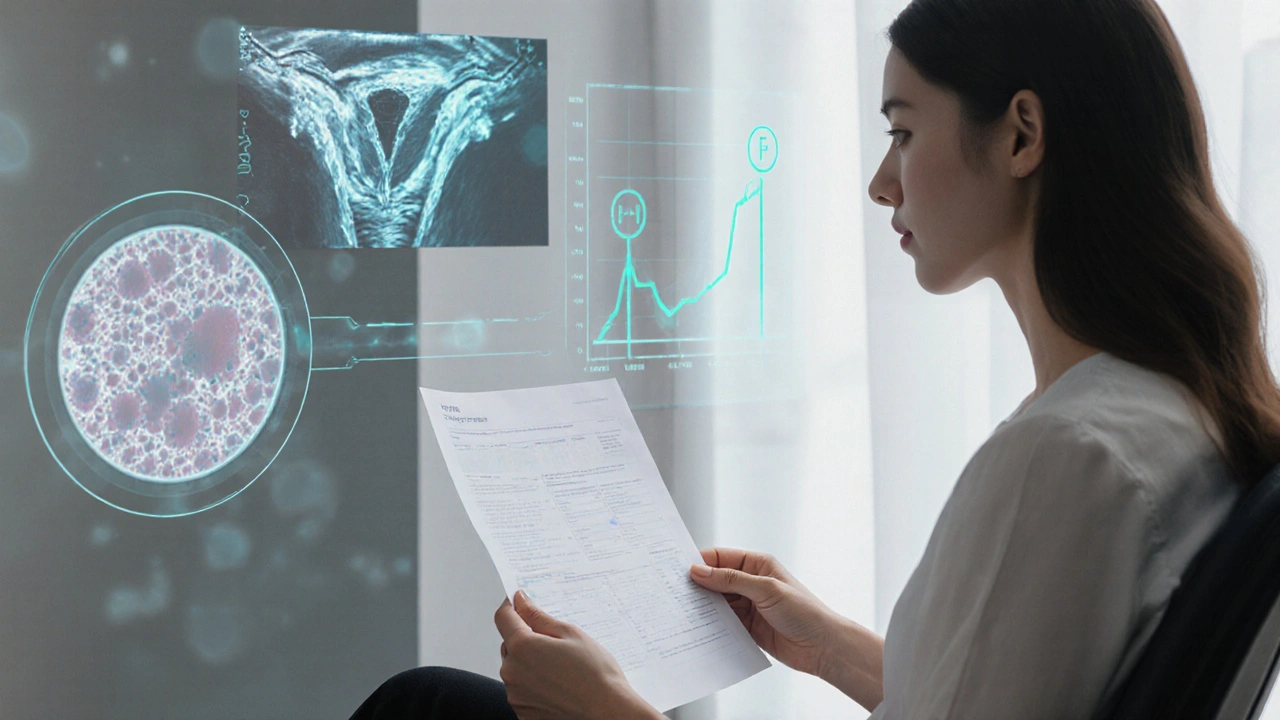 Žena drží cytologický výsledek, za ní jsou vidět symbolické obrazy gynekologických vyšetření.