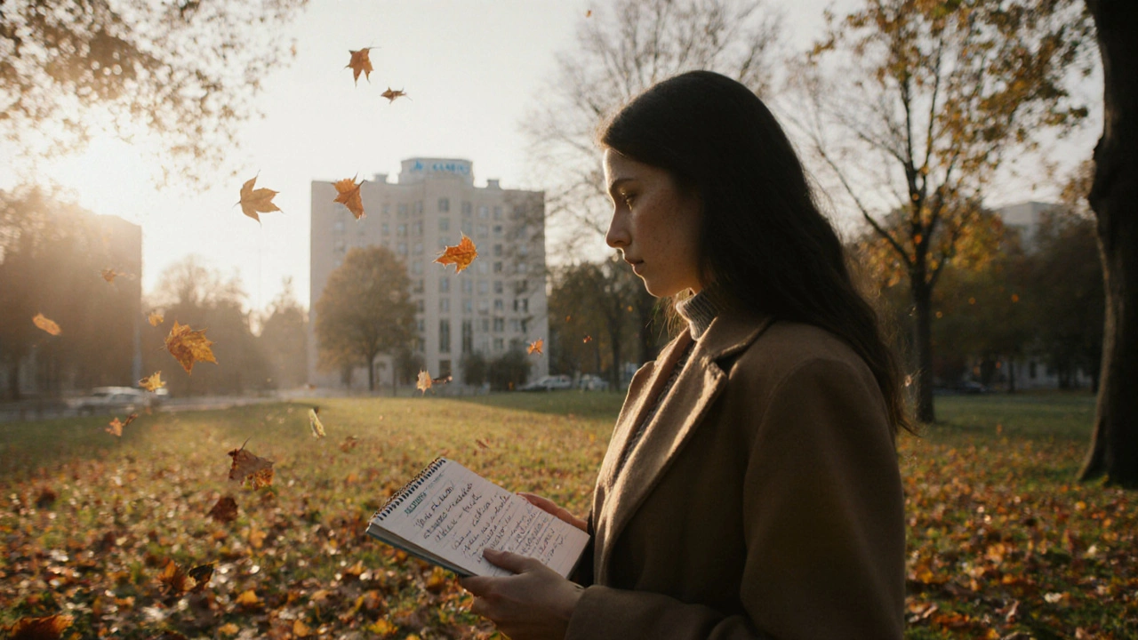Žena prochází parkem v ranní mlze, listí padá kolem ní, drží poznámkový blok.