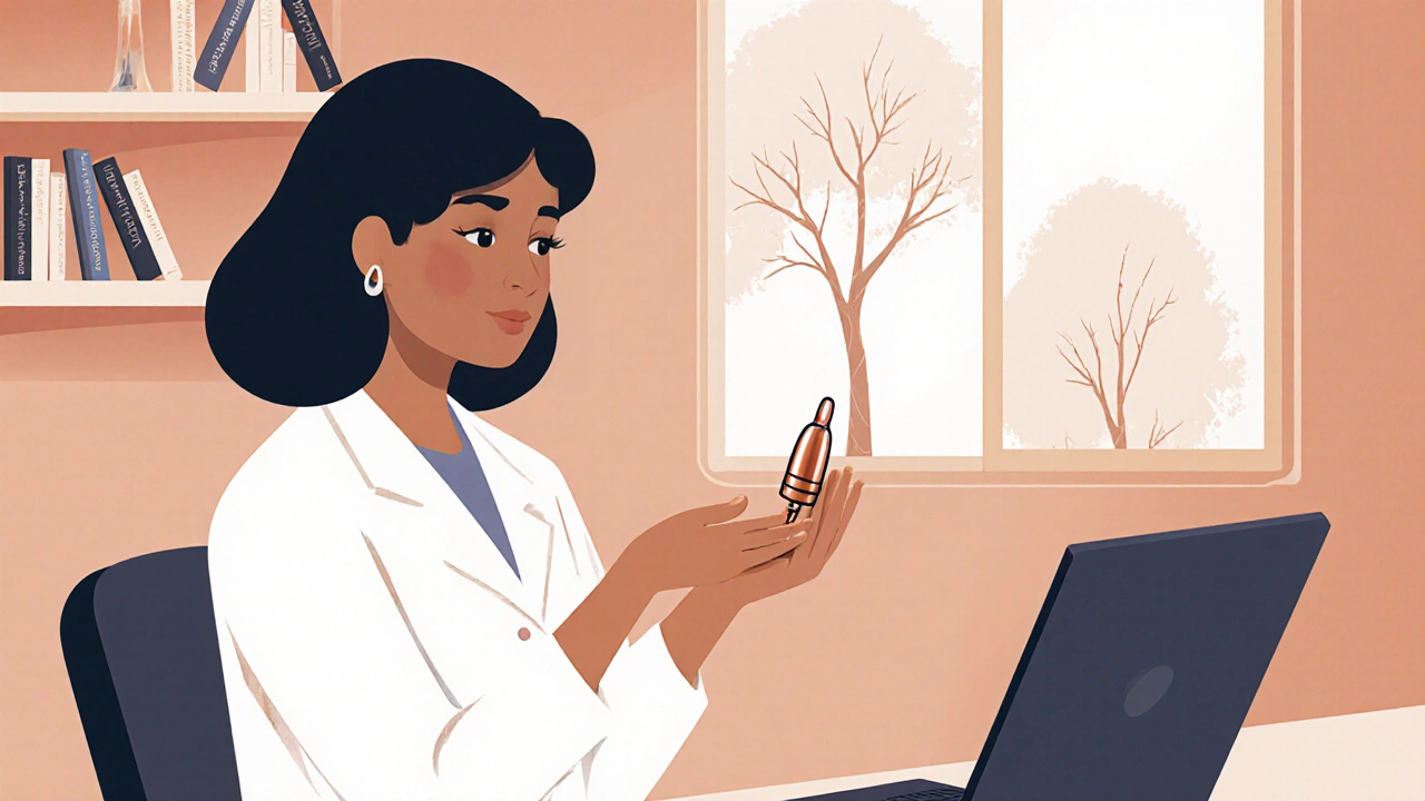 Žena si v gynekologické ordinaci prohlíží měděnou IUD s lékařkou.