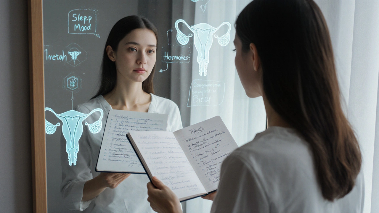 Žena si zapisuje příznaky, zatímco v zrcadle se objevují lékařské diagramy.