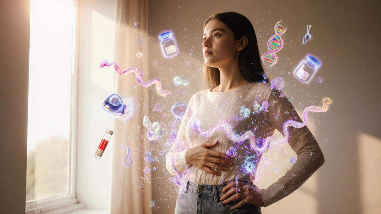 Žena symbolicky překonává riziko rakoviny vaječníku včasnou diagnózou a prevencí.