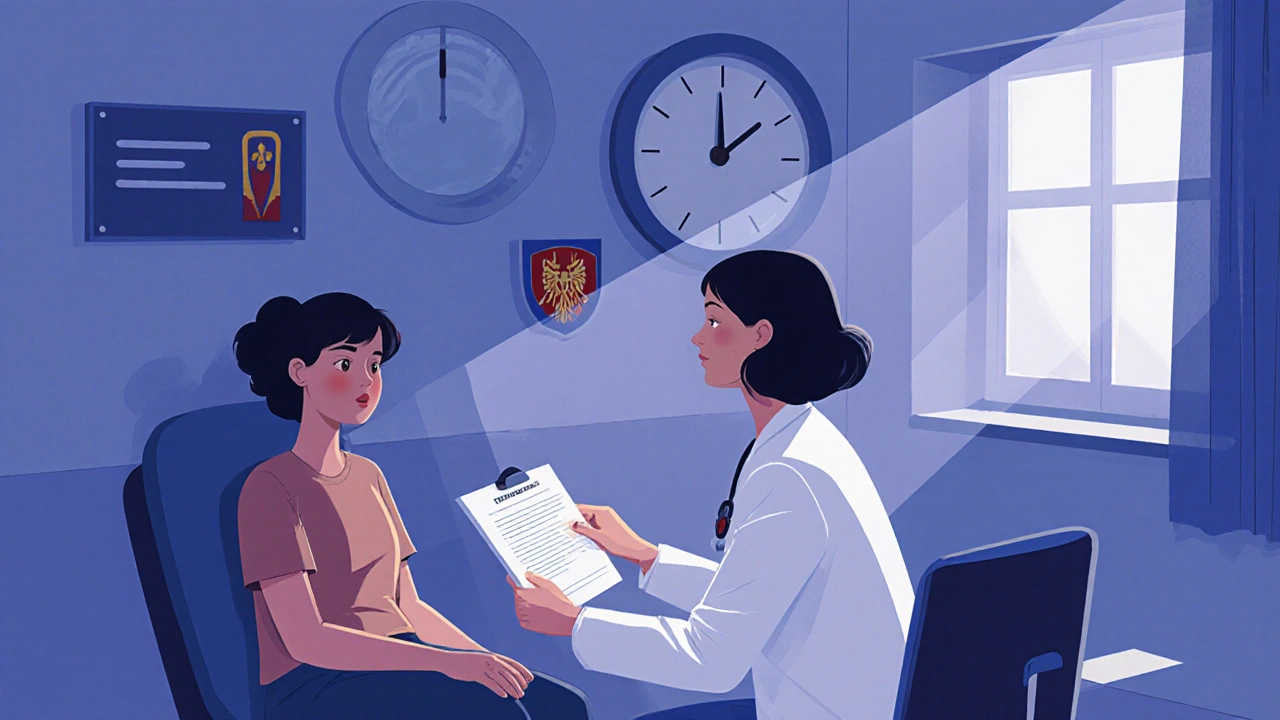 Žena v gynekologické pohotovosti dostává informace o vložení IUD.