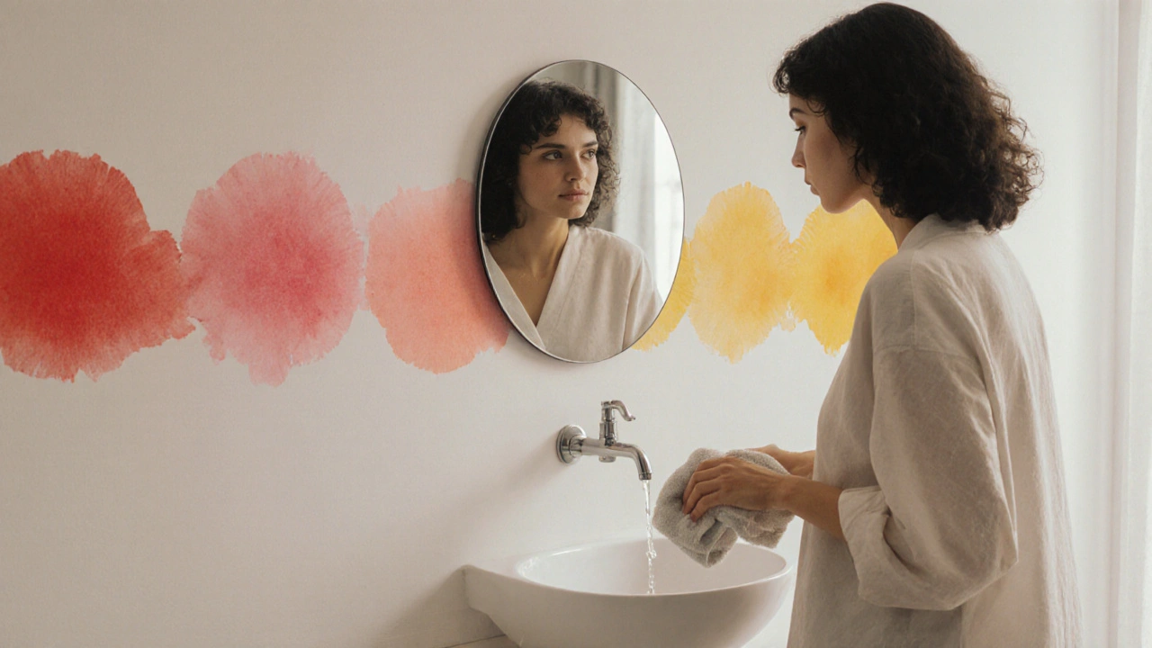 Žena v koupelně se dívá do zrcadla, zdi označují průběh očistek barvami.