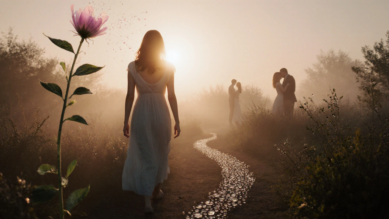 Žena v mlze na zahradě, jedna strana osvětlená sluncem, symbolizující ovulaci a plodnost.