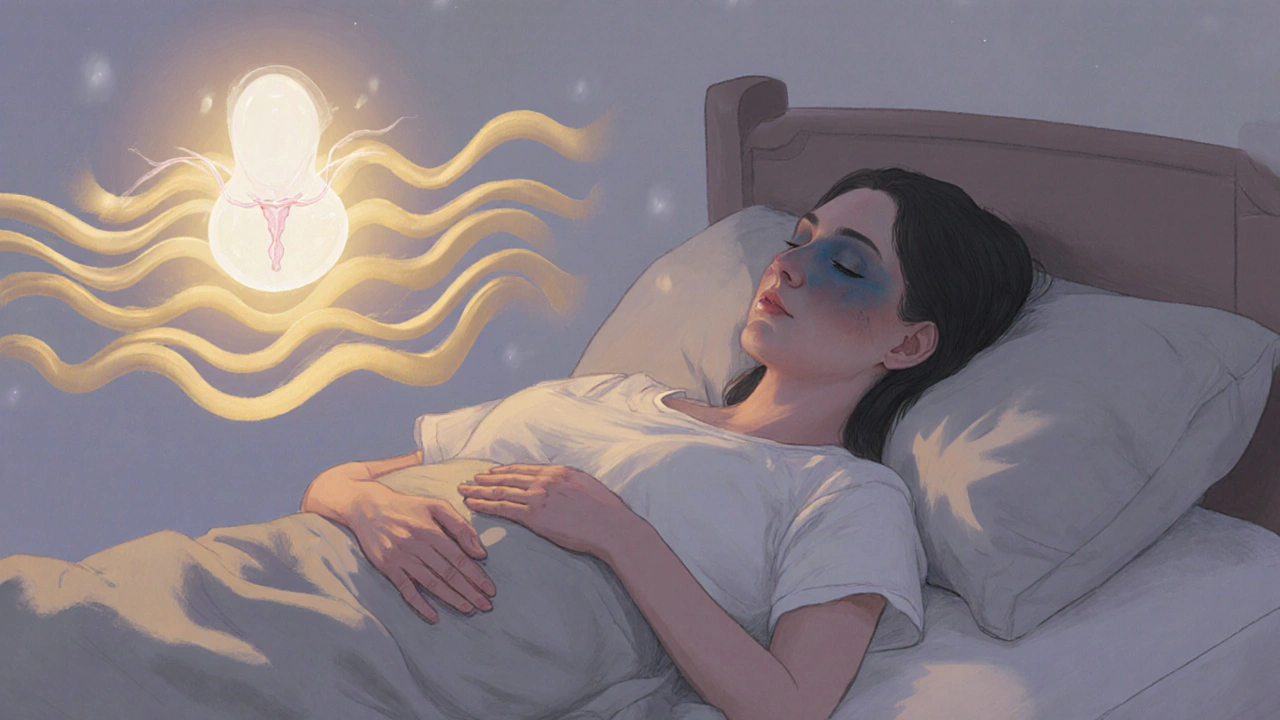 Žena v posteli s jemným zářícím zárodkem nad břichem, symbolické vlny hormonů kolem ní.