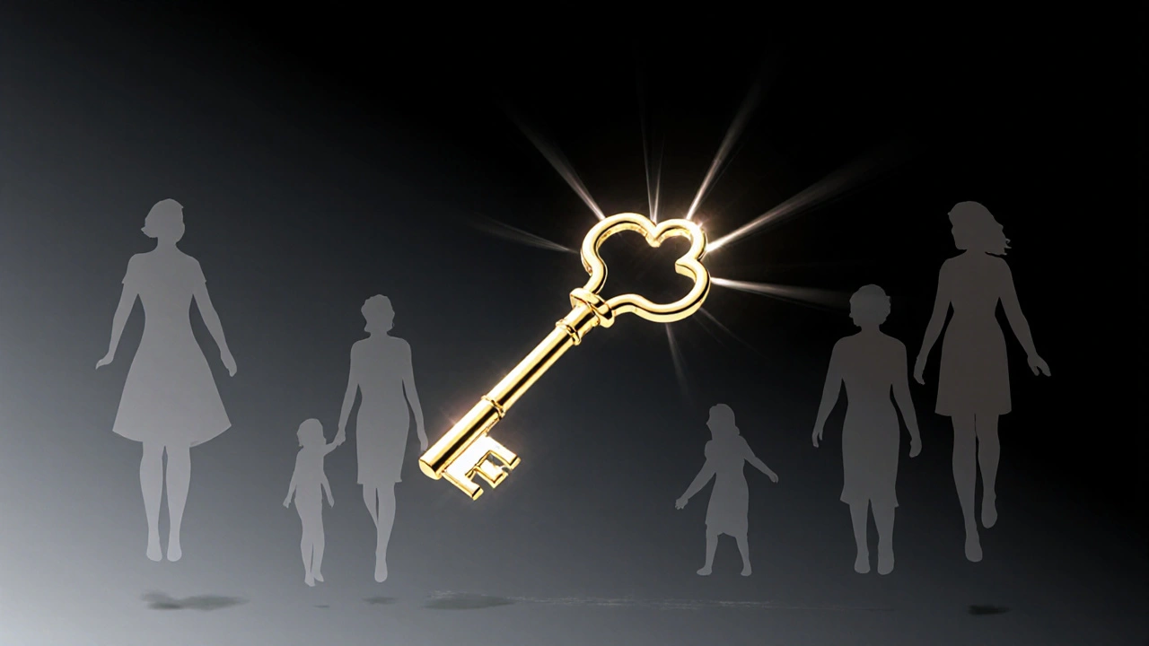 Zlatý klíč tvaru gynekologického zrcátka symbolizující přístup k ženskému zdraví