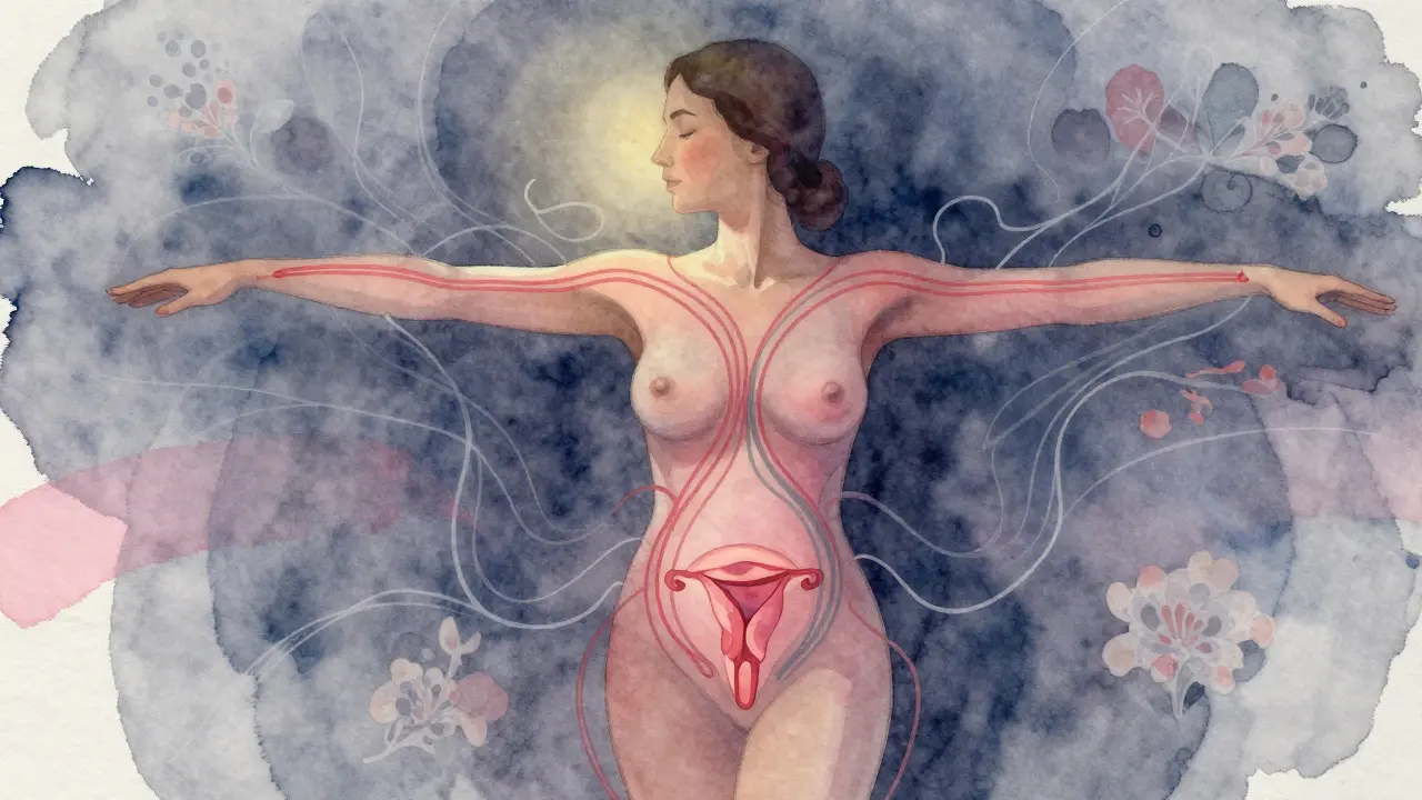 Abstraktní ilustrace dechu a krevního oběhu směřujícího k pánvi během cvičení.