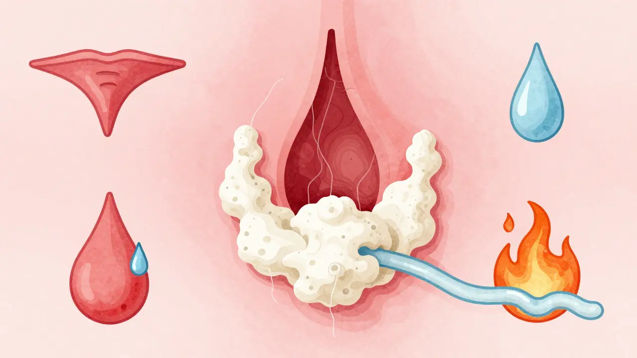 Abstraktní znázornění bílých výměšků a příznaků kvasinkové infekce pochvy.
