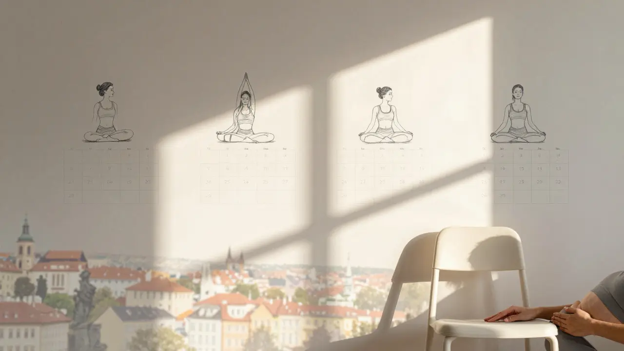 Čtyři dny týdně s cvičením Mojžíšovy metody znázorněné na kalendáři.