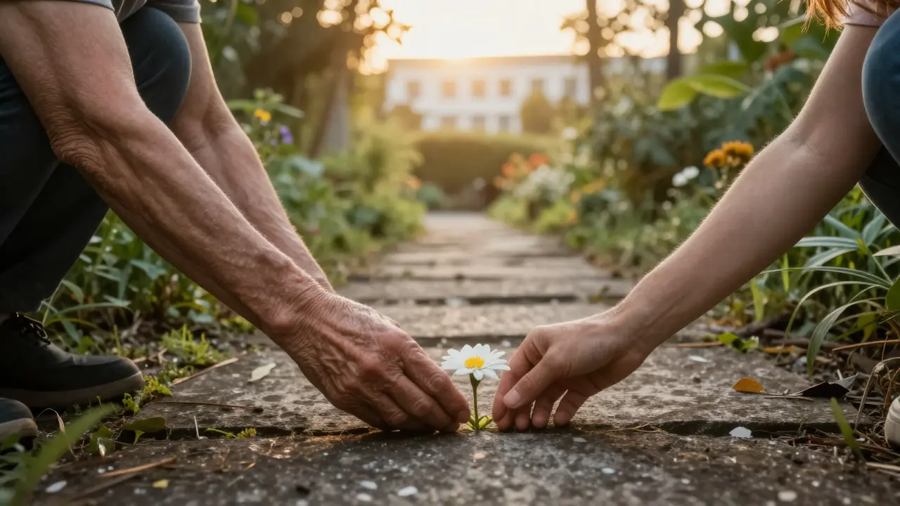 Dvě ruce kladou květinu na cestu z temnoty do světla, symbolizující péči o sebe.