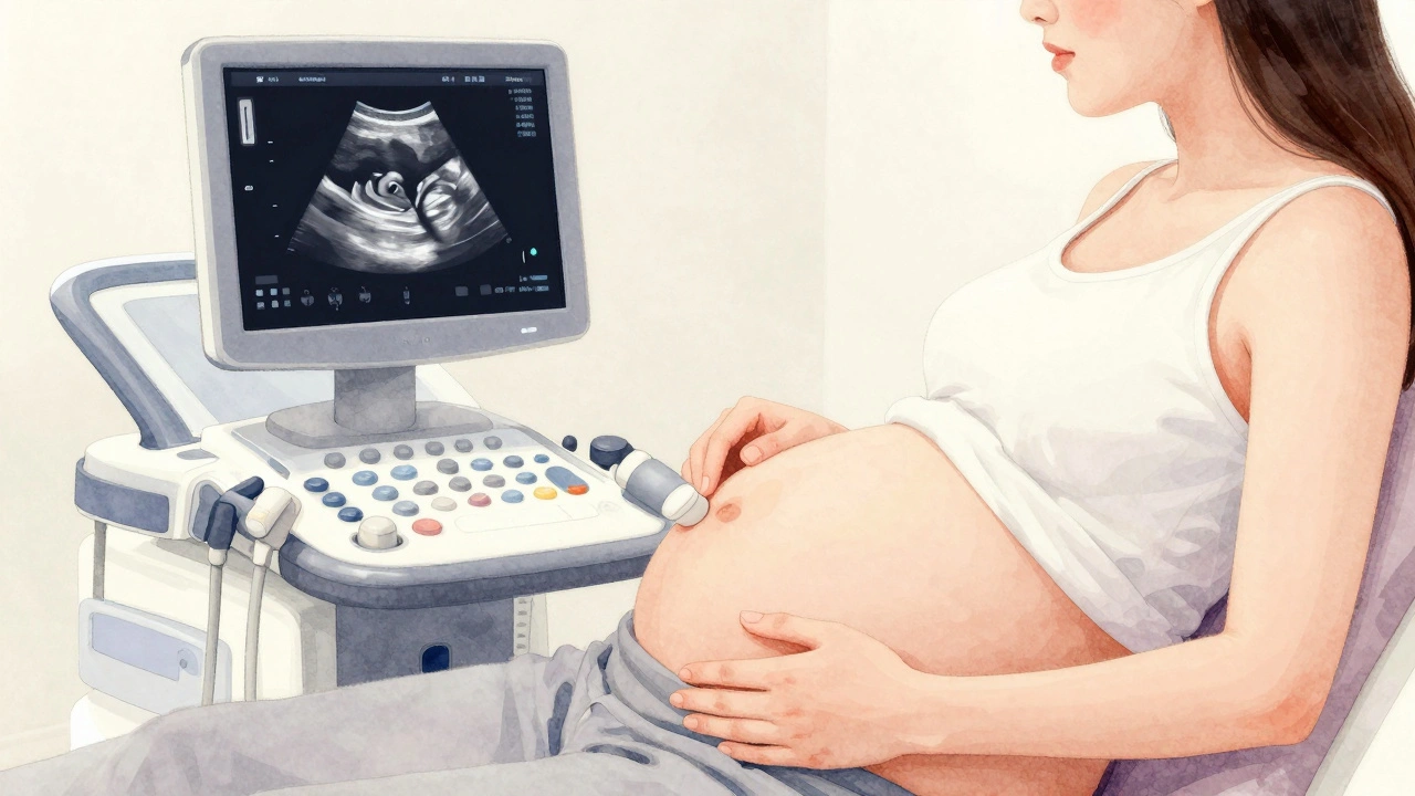 Gynekolog provádí ultrazvuk těhotné ženě s viditelným srdečkem plodu na obrazovce.