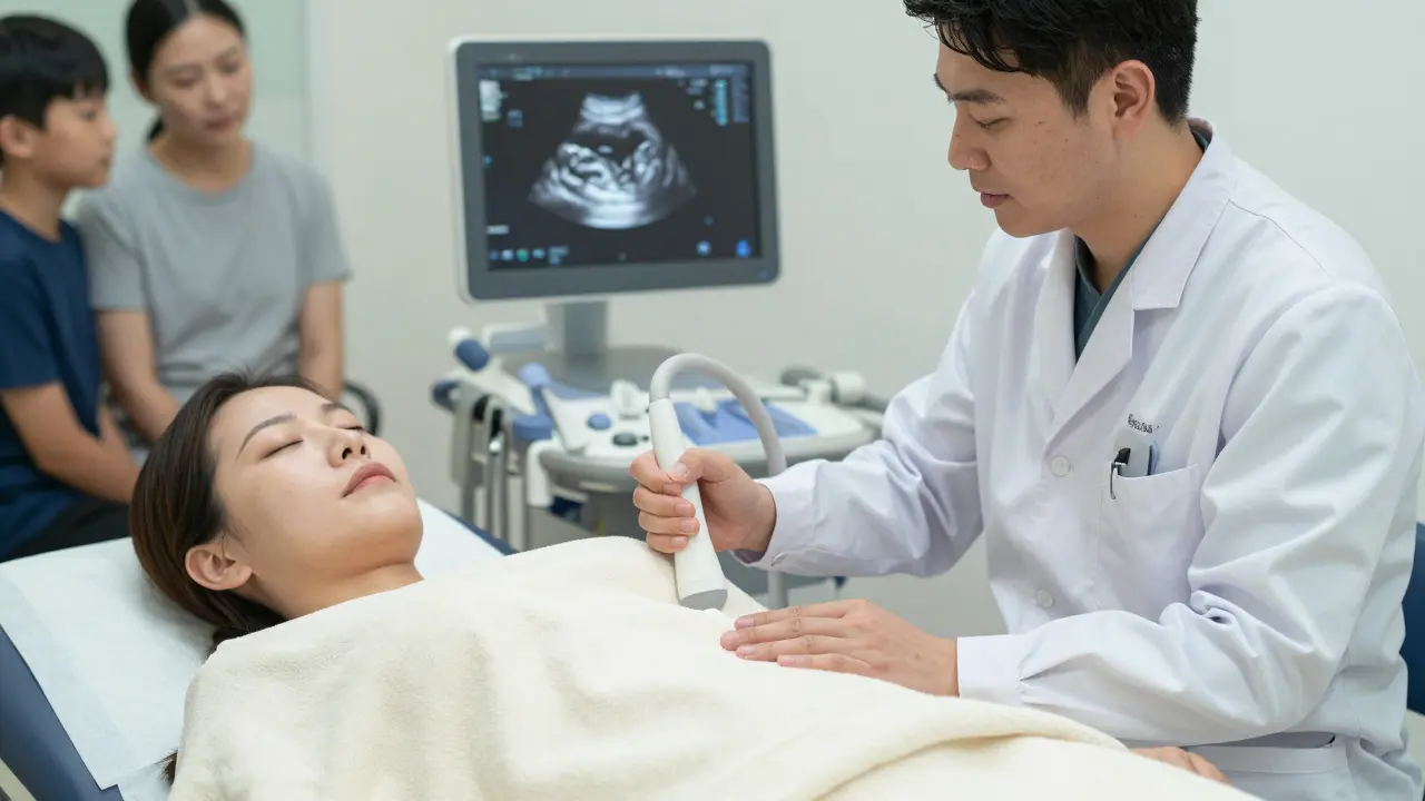 Gynekolog provádí vaginální ultrazvuk, pacientka klidně leží, na obrazovce je obraz vnitřních orgánů.