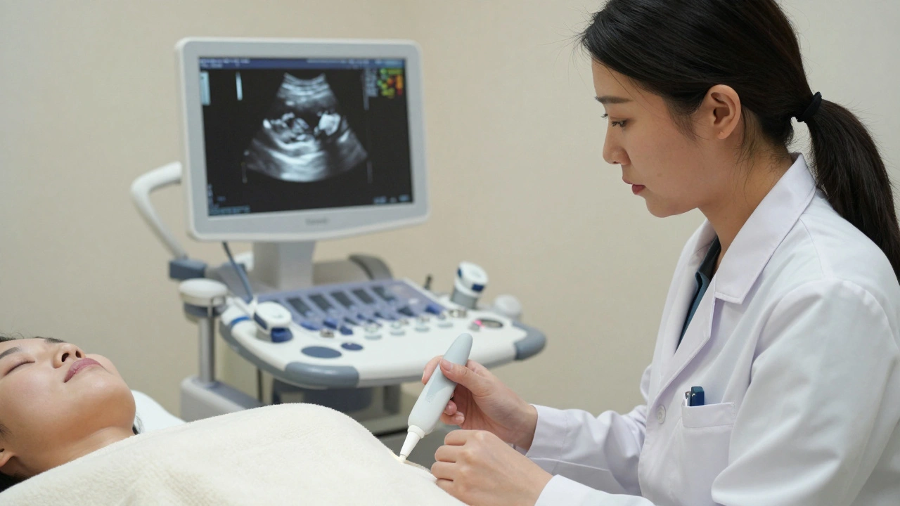 Gynekoložka provádí vyšetření s ultrazvukovým obrazem na obrazovce.