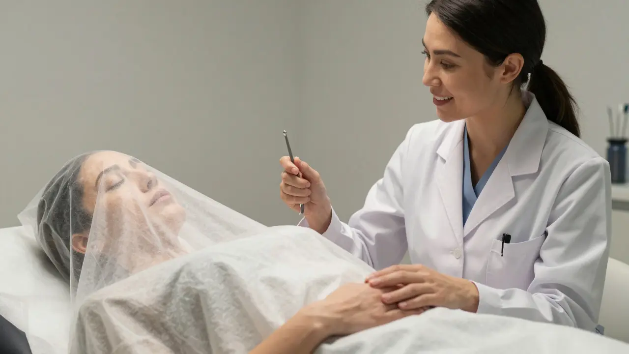 Gynekoložka vysvětluje pacientce průběh prohlídky, pacientka je uvolněná a spokojená.