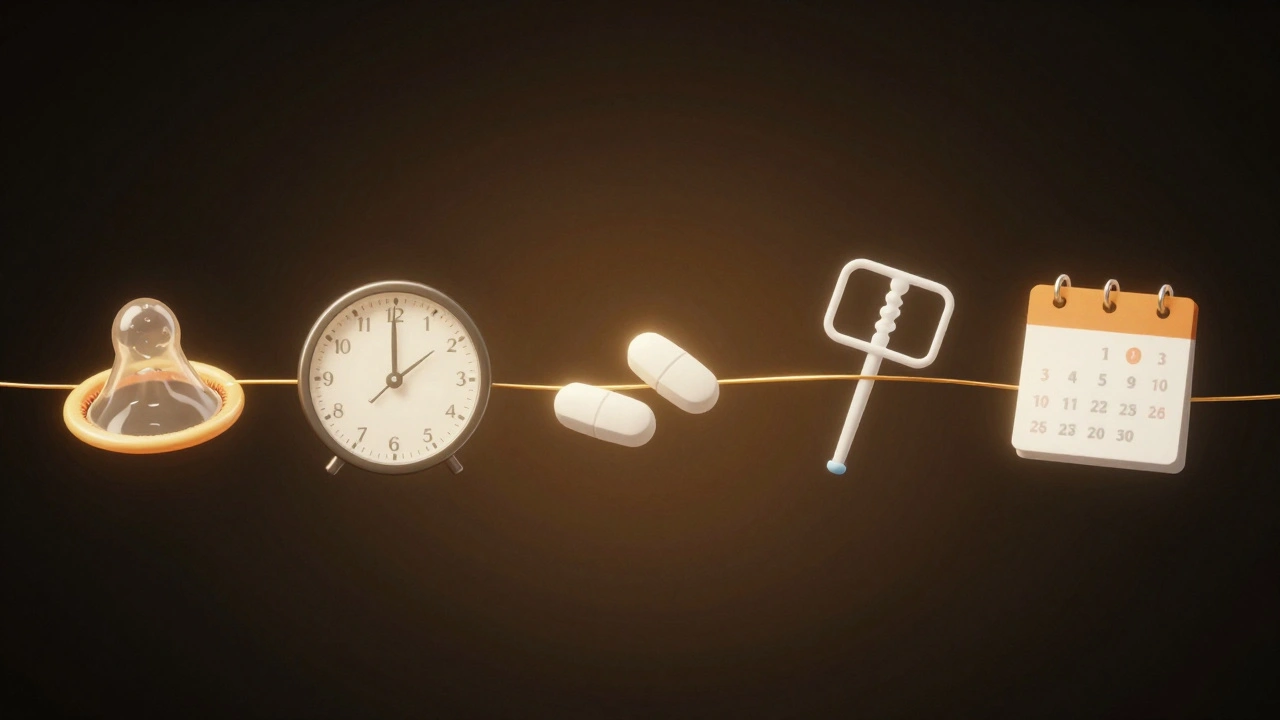 Koncepční časová osa nouzové antikoncepce s hodinami a lékem.