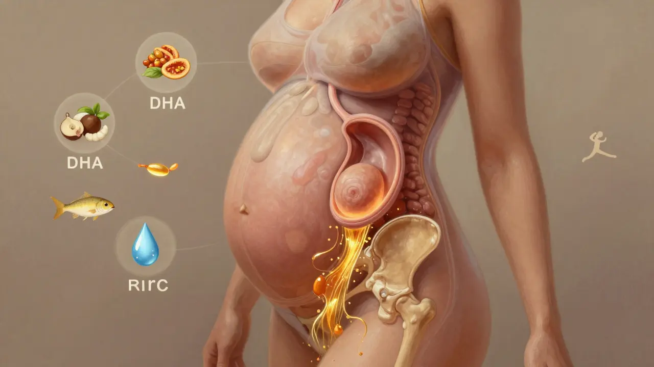 Koncepční obrázek těhotného těla s viditelnými vnitřními změnami během třetího trimestru.