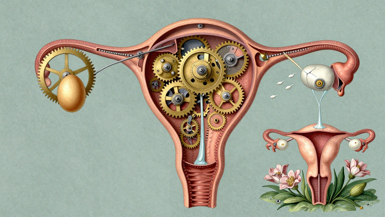 Mechanický nákres lidského těla jako hodinového mechanismu s reprodukčními orgány jako koly.