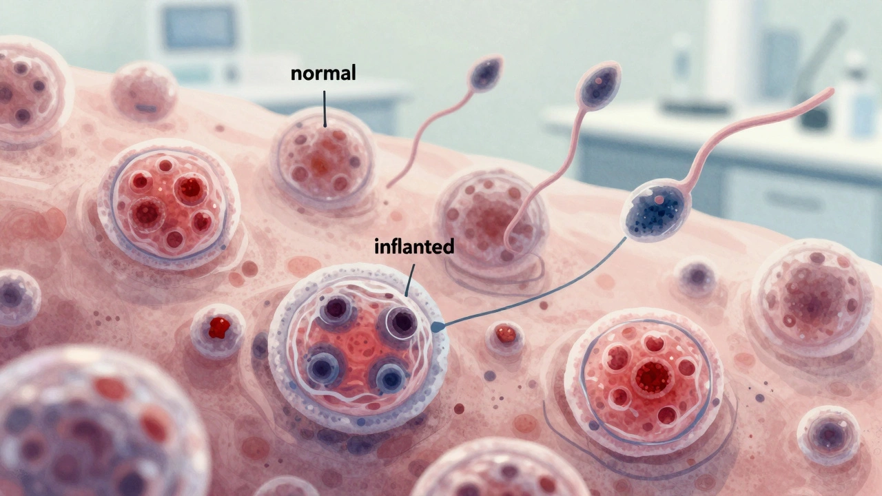 Mikroskopický pohled na buňky děložního čípku s přítomností nečistot jako spermie a výtok.