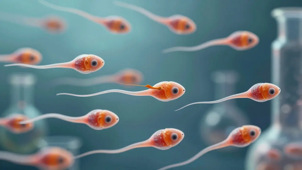 Mikroskopický pohled na pohyblivé a nehybné spermie v semenu.