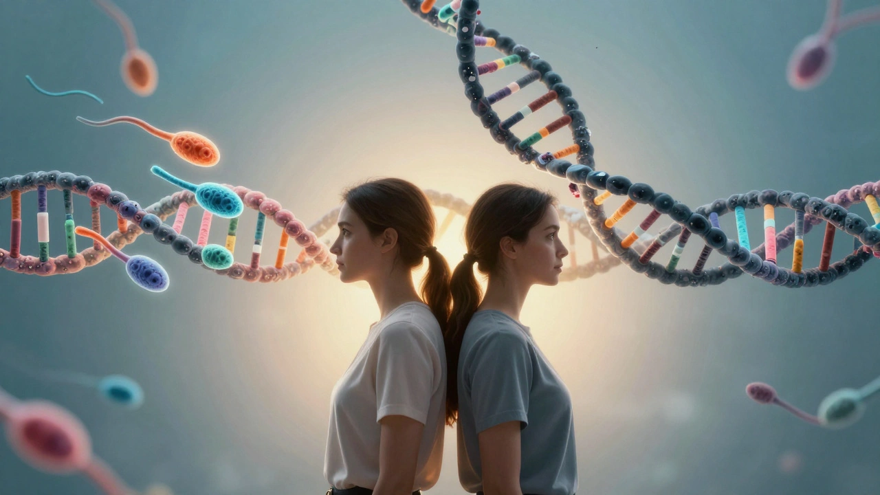 Muž a žena pod genetickou šroubovicí, jedna strana zdravá, druhá poškozená.