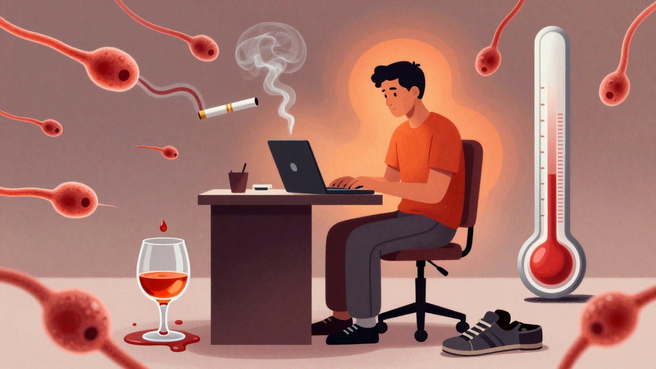 Muž sedí s notebookem na klíně, symbolické prvky ukazují škodlivé vlivy na plodnost.