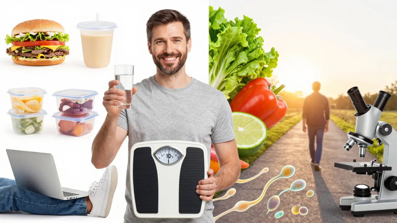 Muž v 40. letech drží sklenici vody, za ním před a po transformaci: špatné návyky vs. zdravý životní styl.