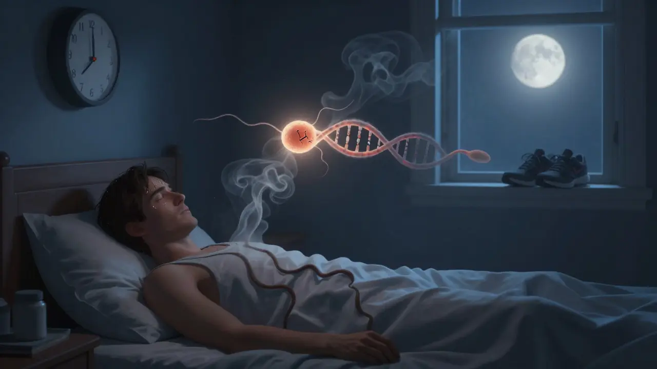 Muž v posteli v noci, nad ním stresové obláčky a poškozená spermie, u okna čekají kroky na procházku.