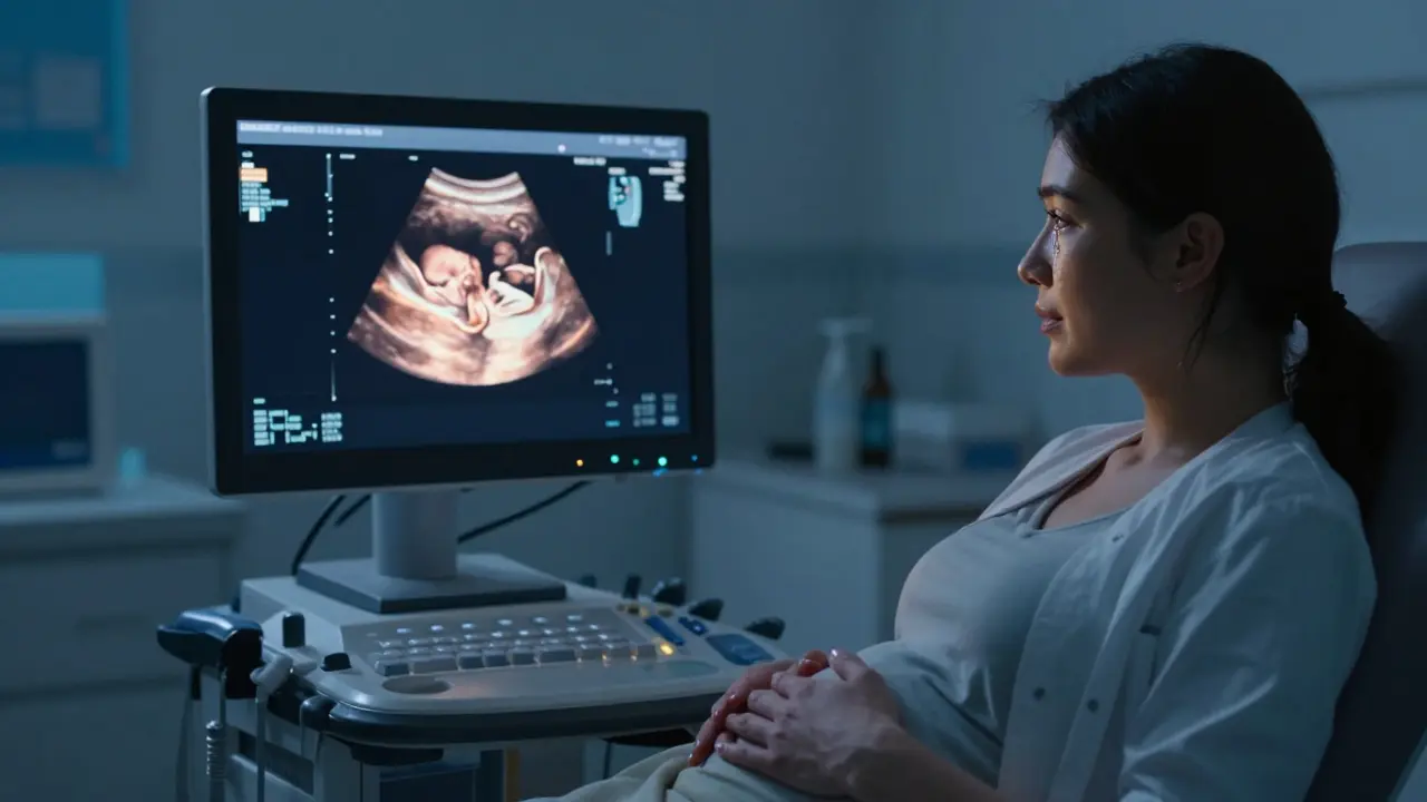 Na ultrazvukovém obrazu se objevuje první tep srdíčka, žena s očima plnými slz.