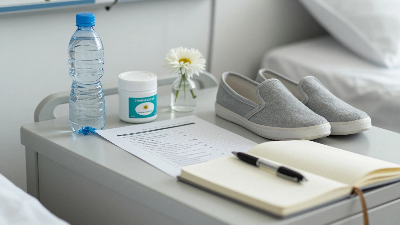 Nemocniční noční stůl s vodou, podpěrami s vůní kamile, seznamem otázek a pohodlnou obuví, symbolizující přípravu.