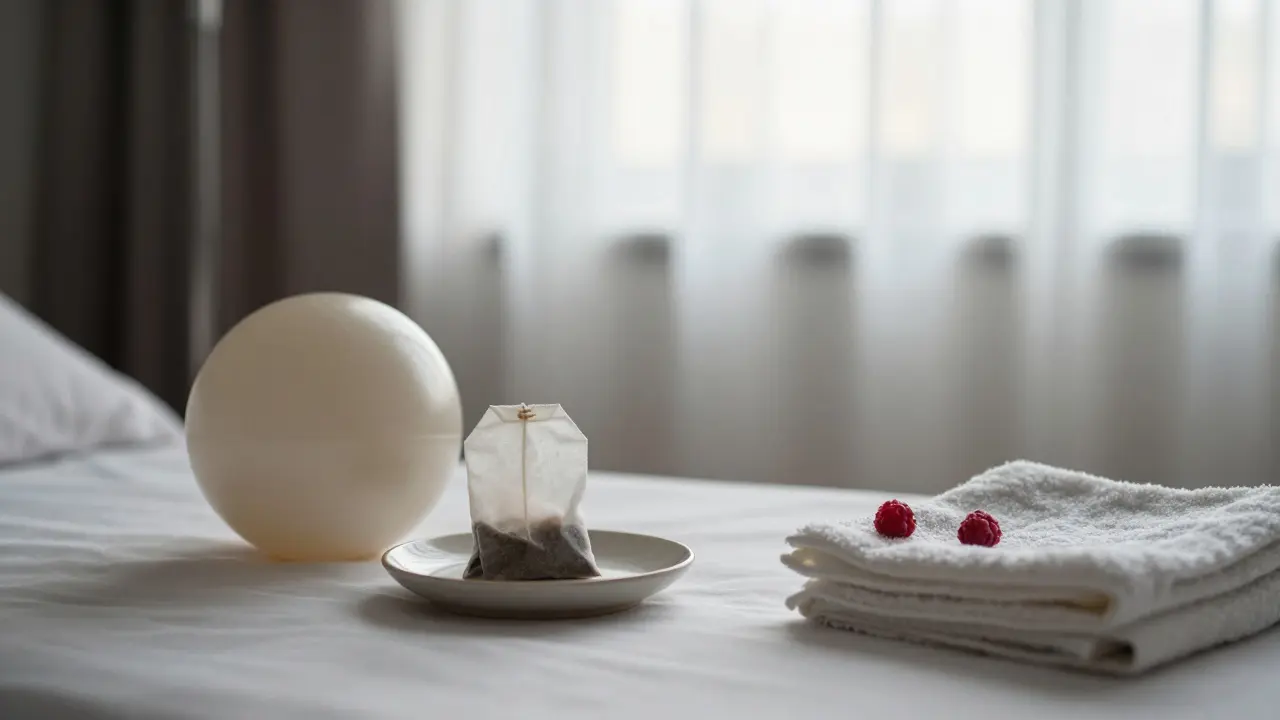 Připravené prostředí pro porod s čajem z maliníku na pozadí.