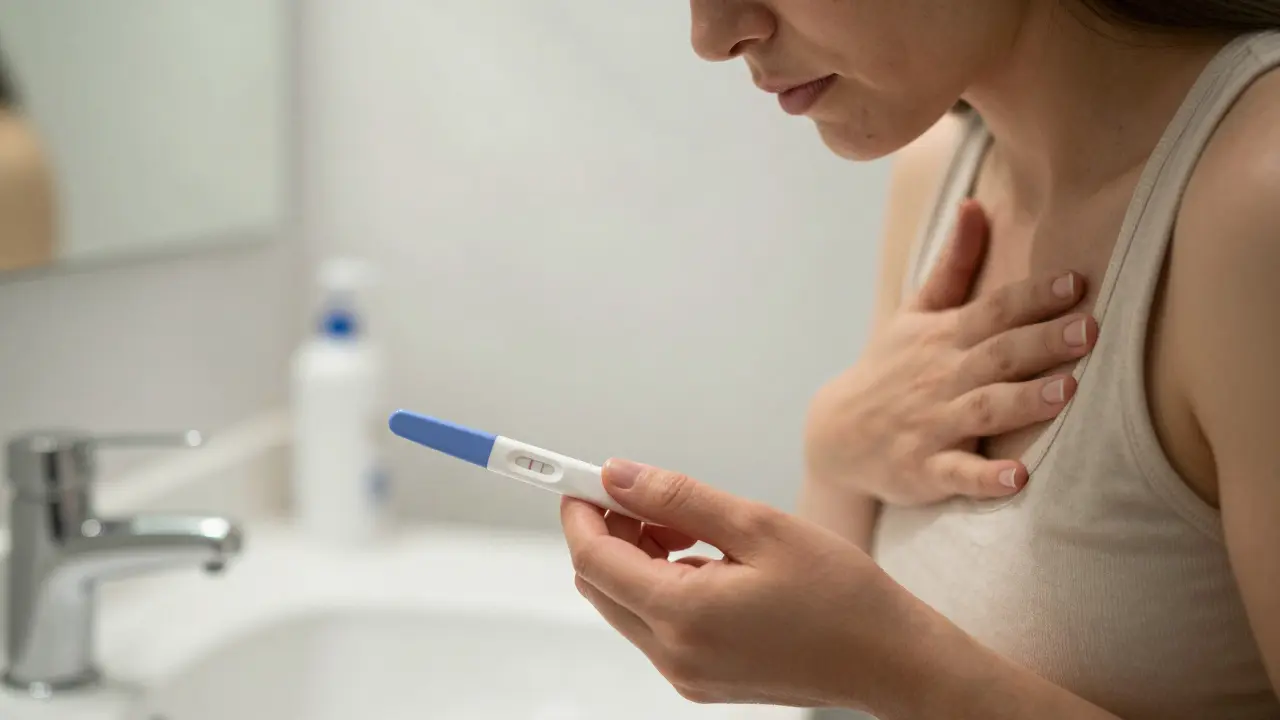 Ruka drží těhotenský test s slabě viditelnou dvojicí čárek, druhá ruka na prsou.