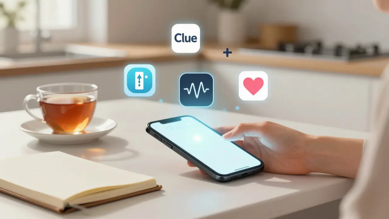 Ruka ženy na kuchyňském stole s telefonem, deníkem a šálkem čaje, symboly zdravotní péče v pozadí.