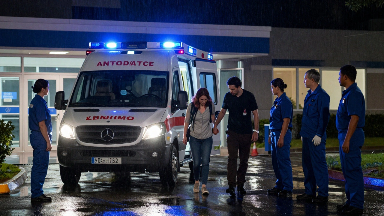 Sanitka přijíždí do porodnice v noci, zdravotníci pomáhají ženě vystoupit.