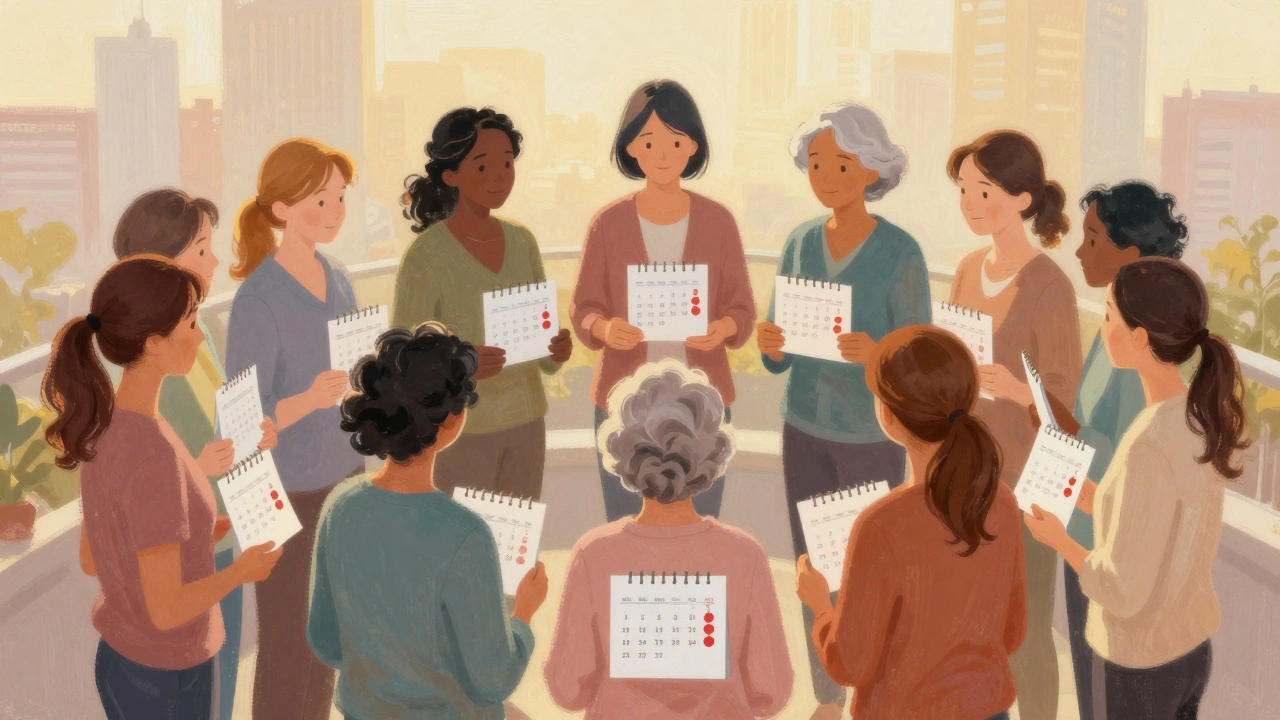 Skupina žen různých věků symbolicky drží kalendáře s roční prohlídkou.