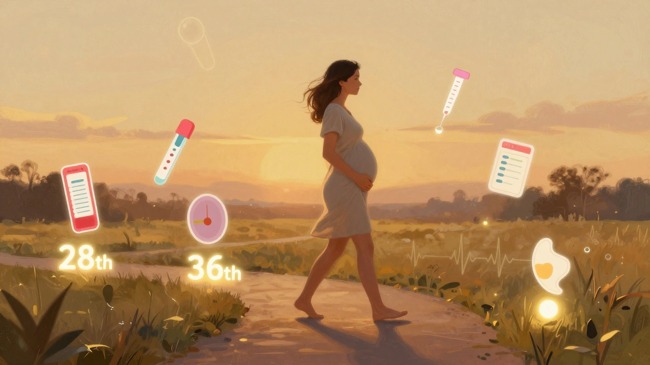 Symbolická cesta těhotenství s označenými klíčovými týdny a lékařskými testy.