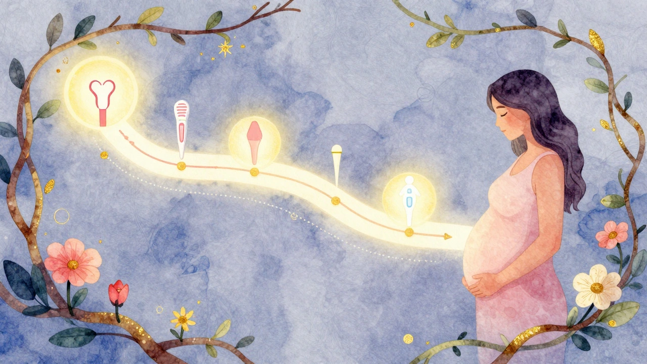 Symbolická cesta ženského zdraví od puberty po menopauzu.