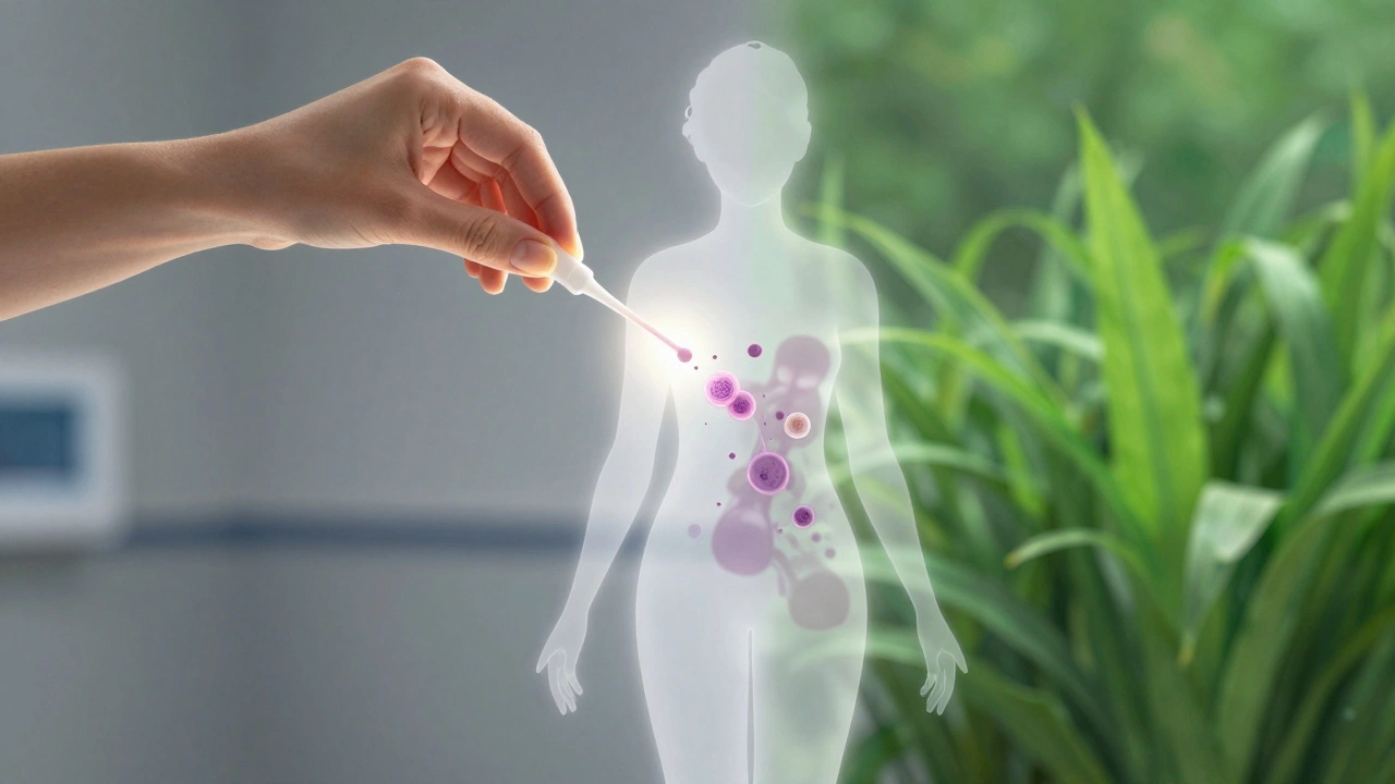 Symbolická ilustrace PAP testu s buněčnými tvary, které se mění z nebezpečných do zdravých, osvětlené jemným světlem.