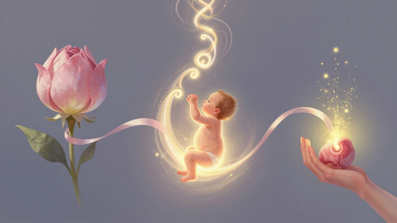 Symbolická scéna tří fází porodu: otevírající se květ, klesající dítě a uvolňující se placenta.