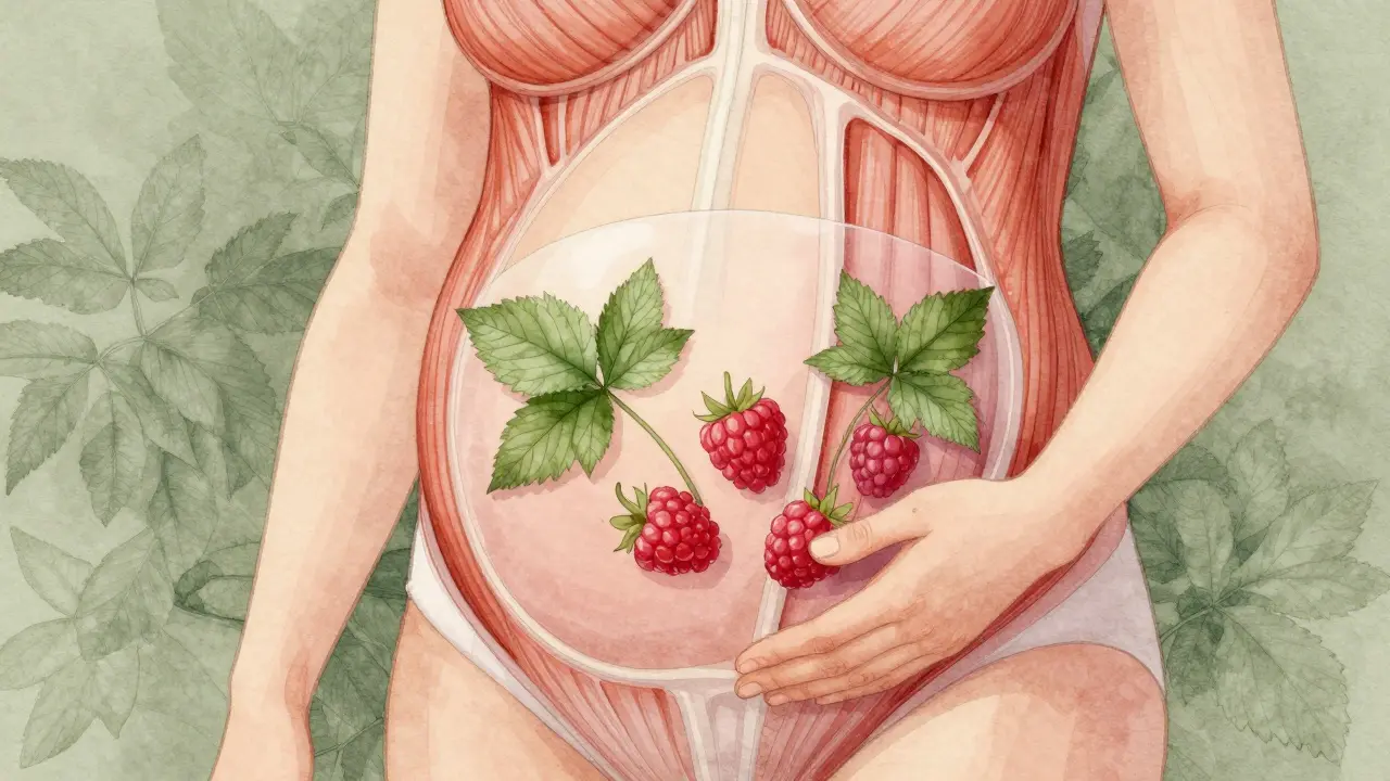 Symbolické znázornění účinku maliníku na dělohu během těhotenství.