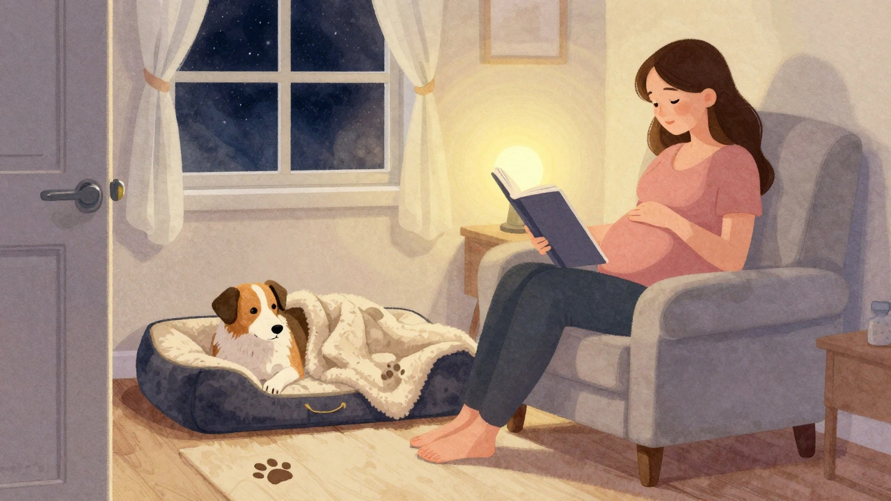 Těhotná žena čte knihu svému psu, který klidně spí na vlastní peřině vedle ní.